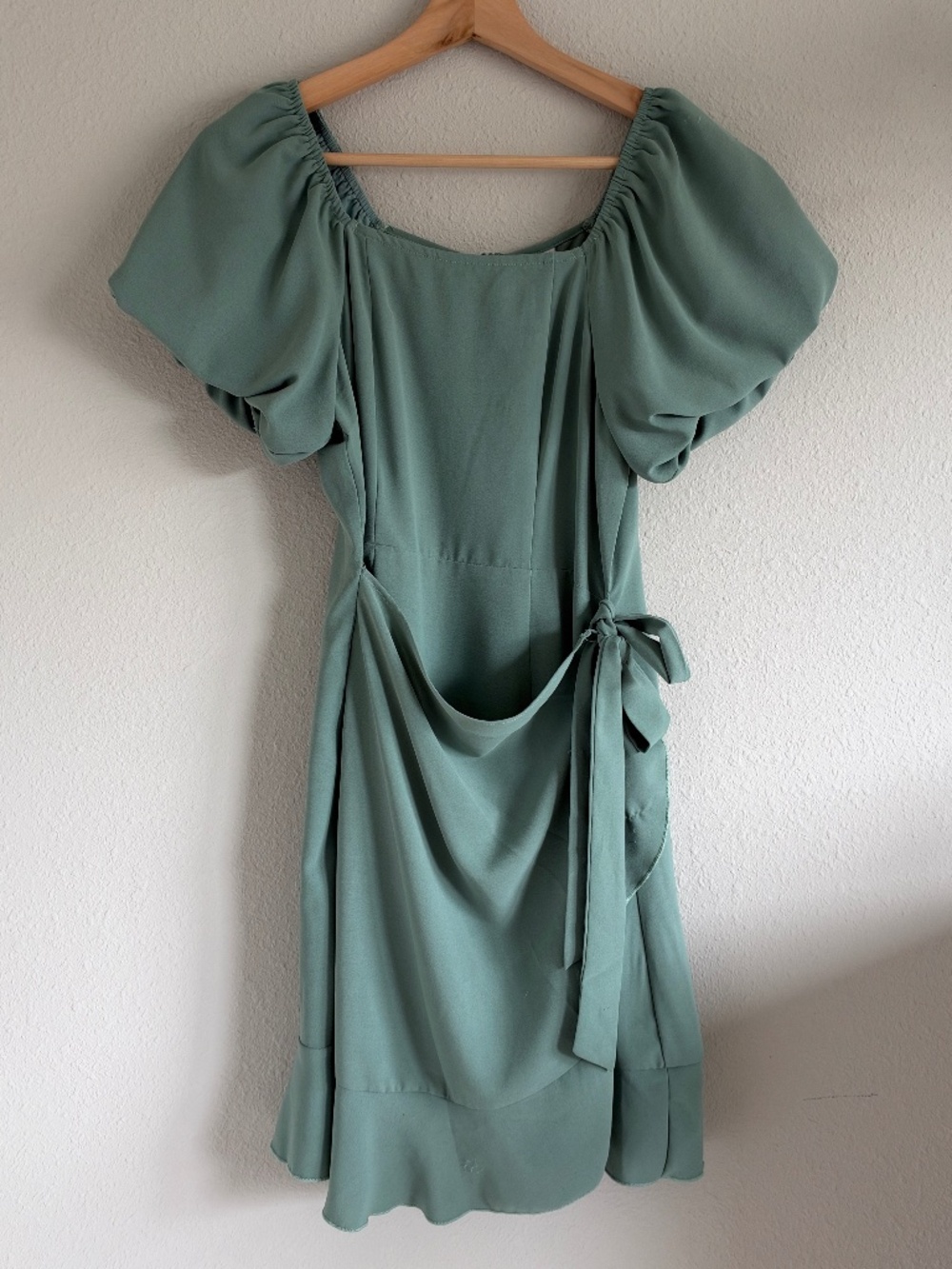 Sage Green Puff Sleeve Faux Wrap Mini Dress Size Small